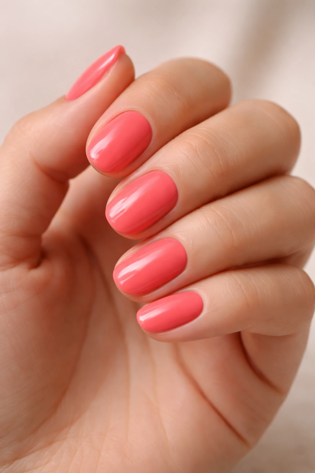 Close-up of a hand with bright short oval nails in a vivid color on a neutral background