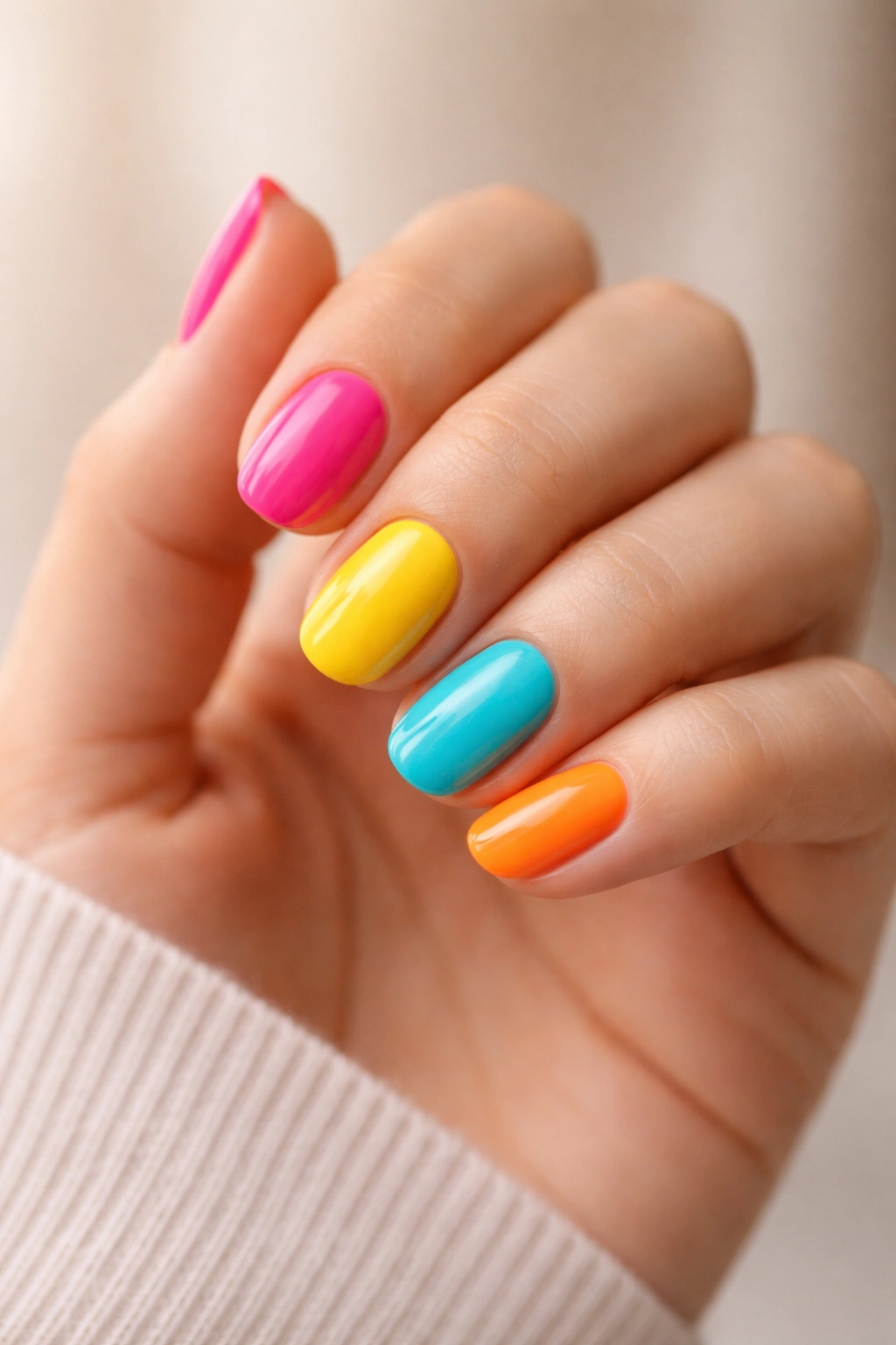 Close-up of a hand with bright short oval nails in bold color on neutral background