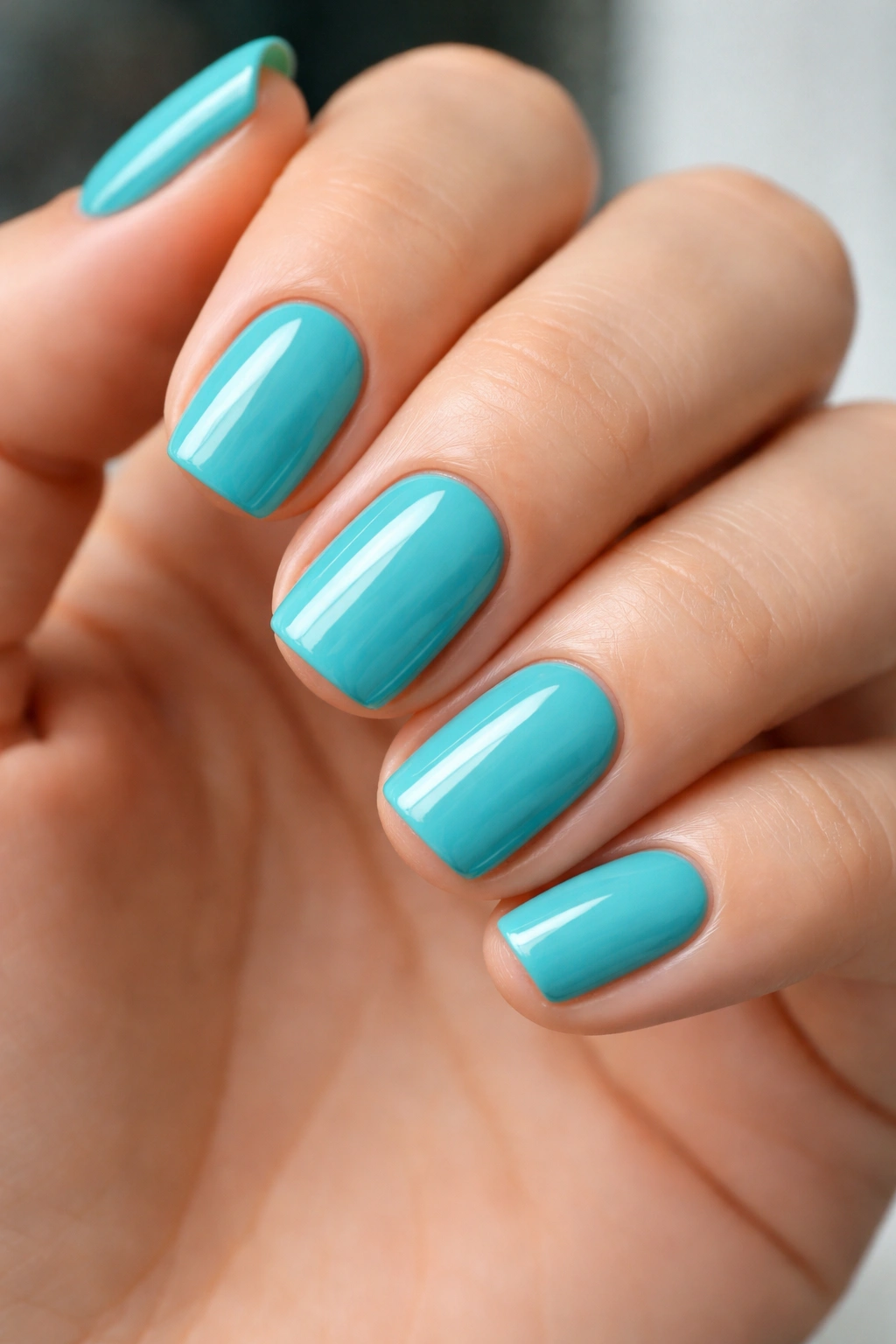 Bright teal squoval nails with glossy finish
