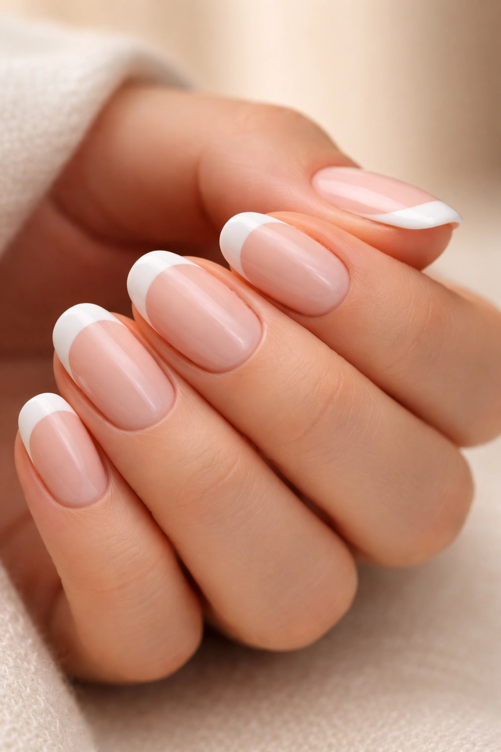 Short oval nails with bright white tips softened by curve