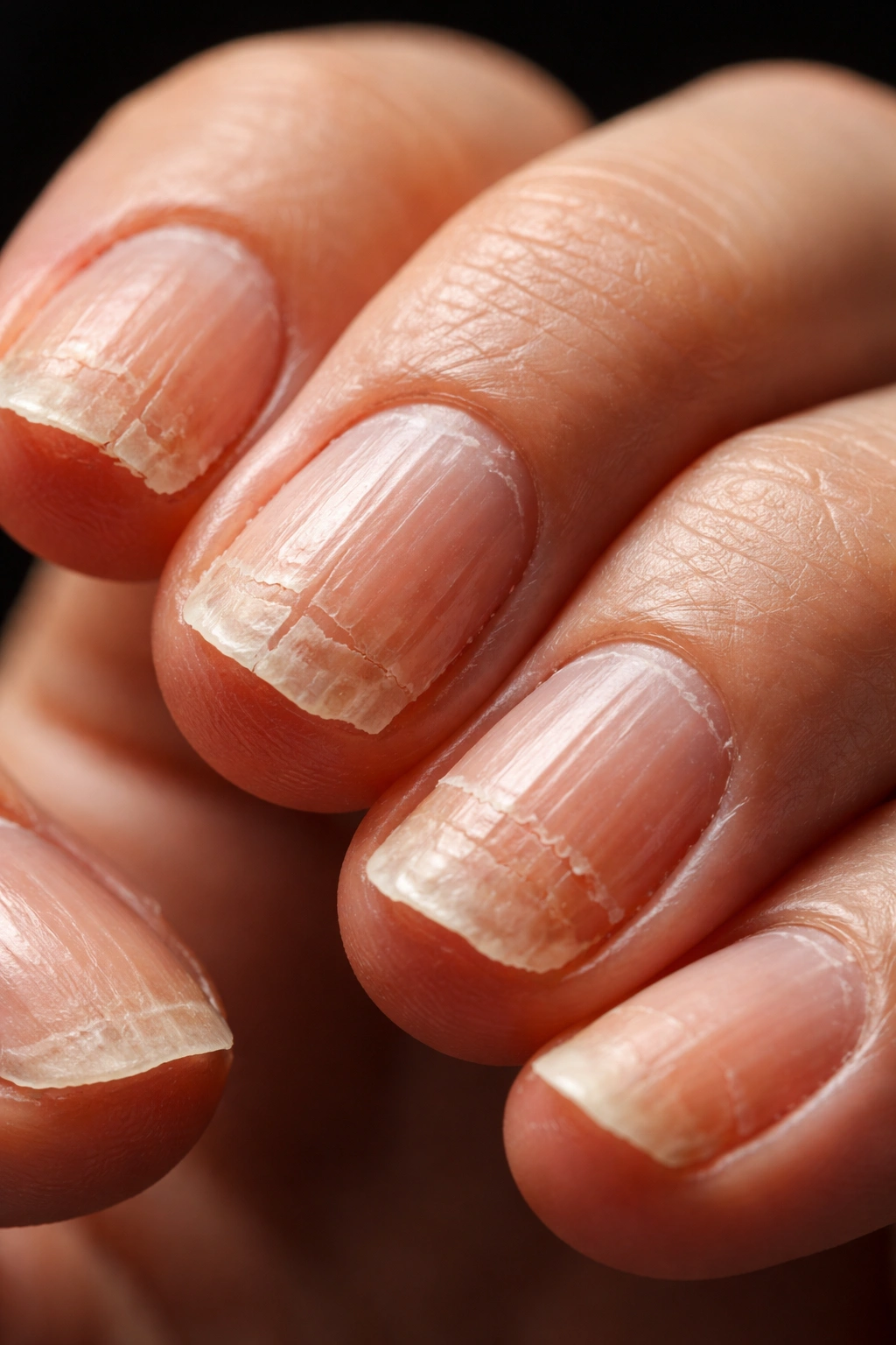 Close-up of brittle nails with cracks and splits.