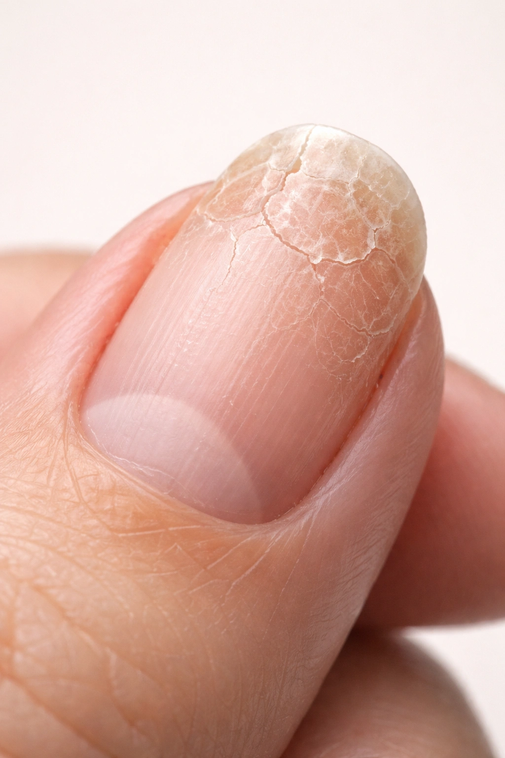 Close-up of a dry brittle fingernail with cracks