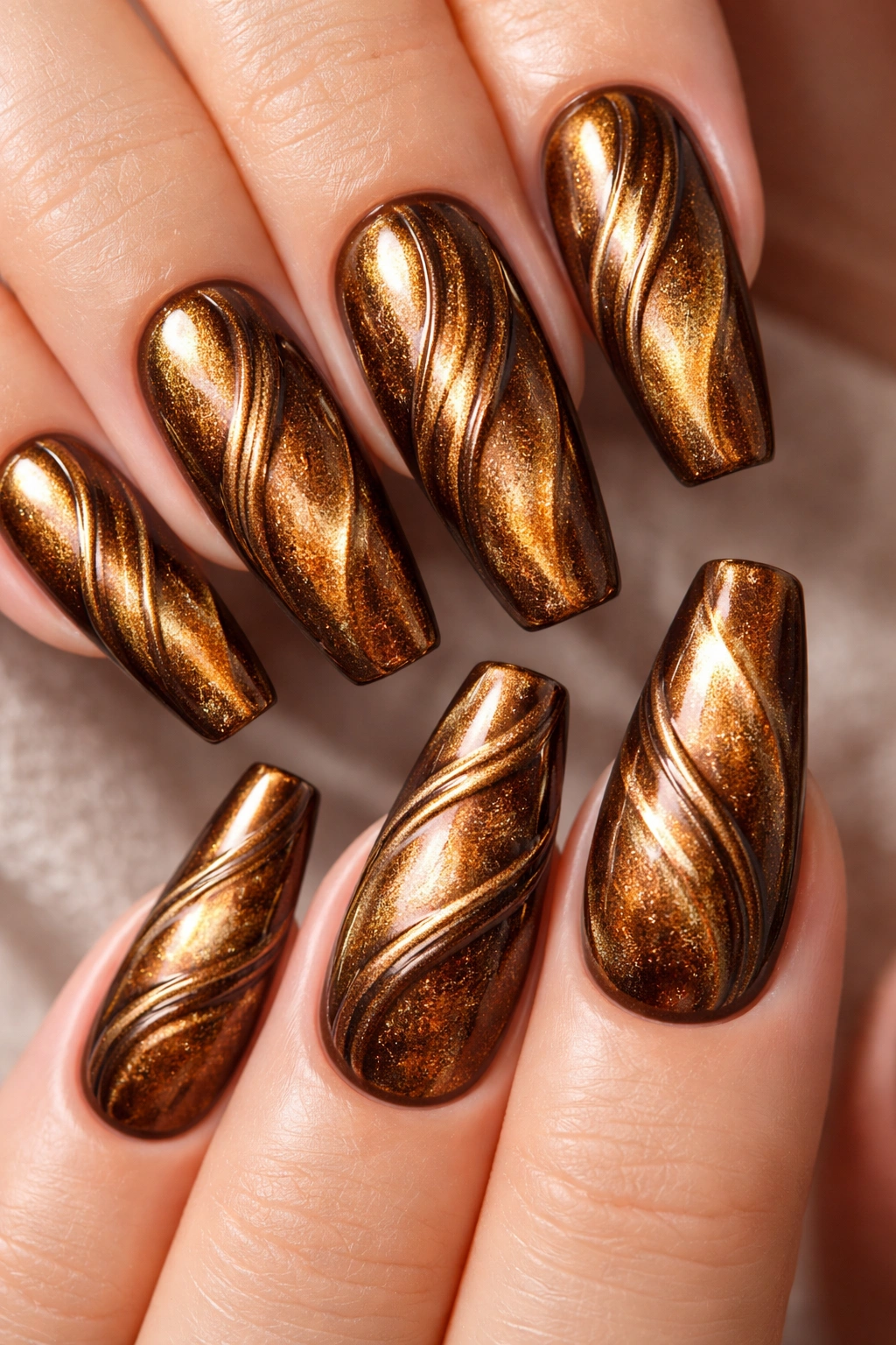 Bronze cat eye nails over embossed ridges showing dimensional shimmer