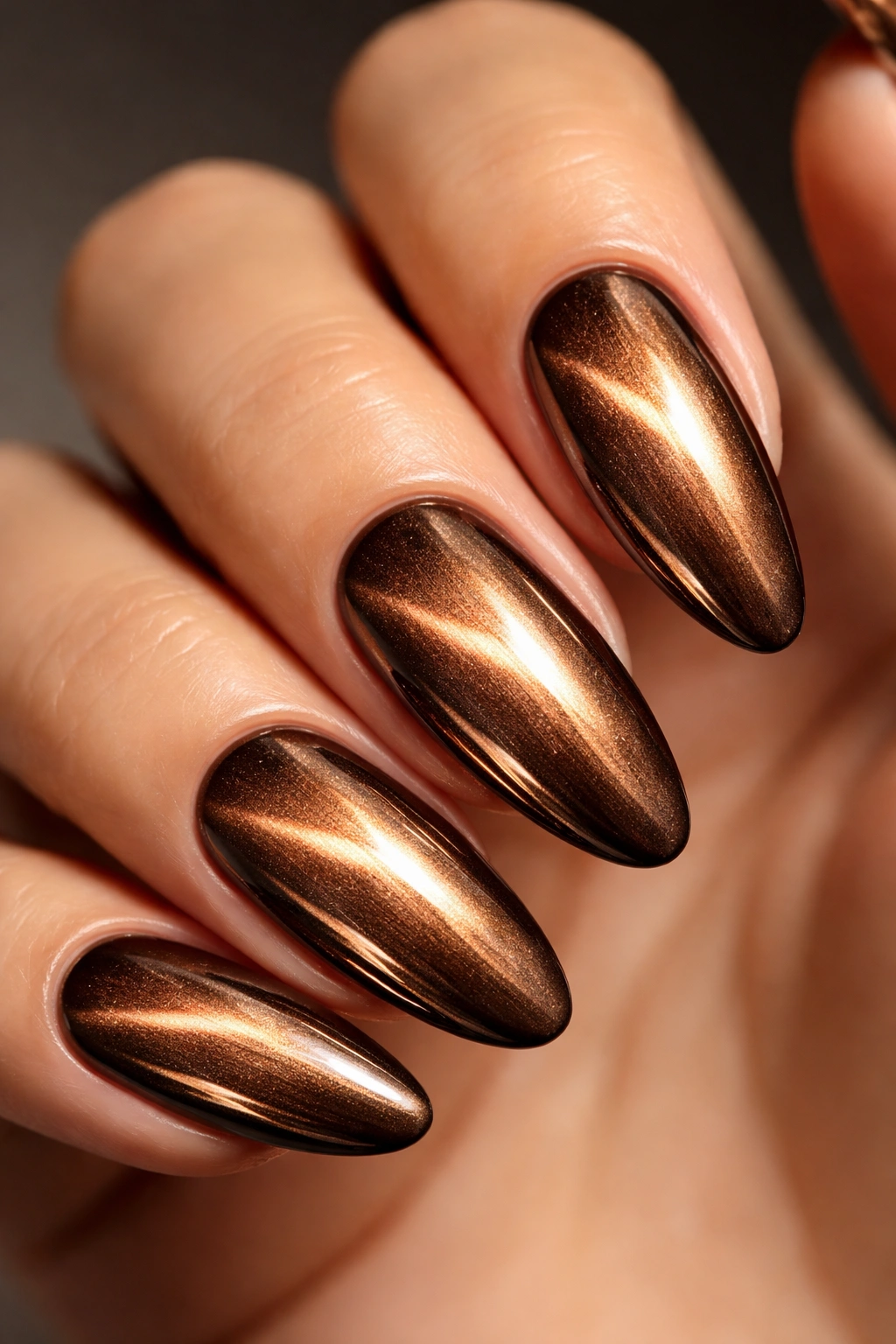 Close-up of Bronze Chrome Cat Eye nails showing a subtle cat eye stripe