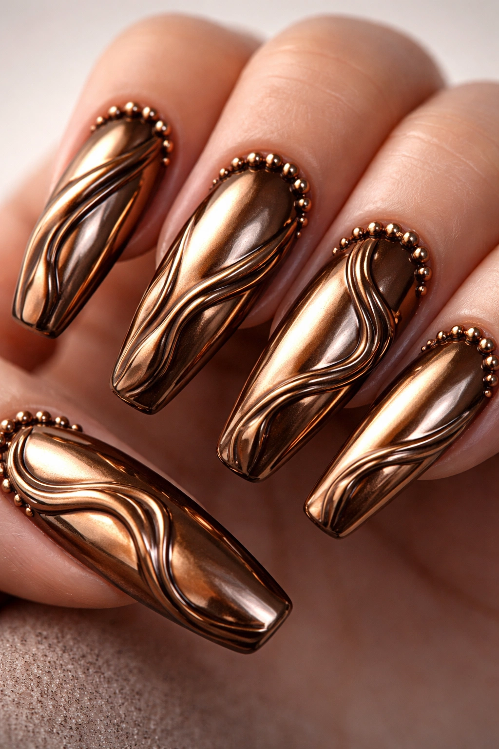 Close-up of bronze chrome nails with 3D accents and beads