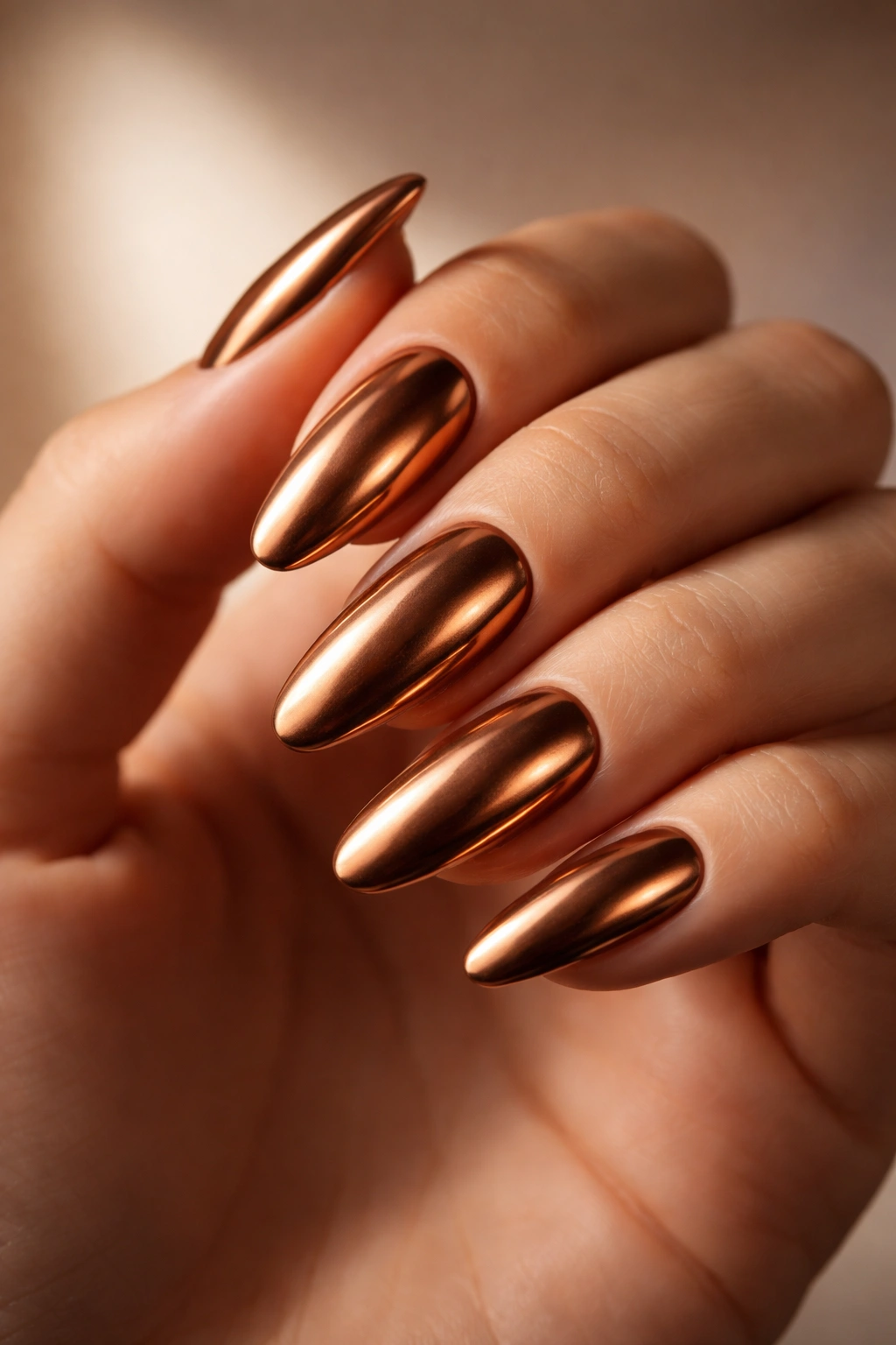 Close-up of bronze chrome nails with a glossy mirror finish on a hand