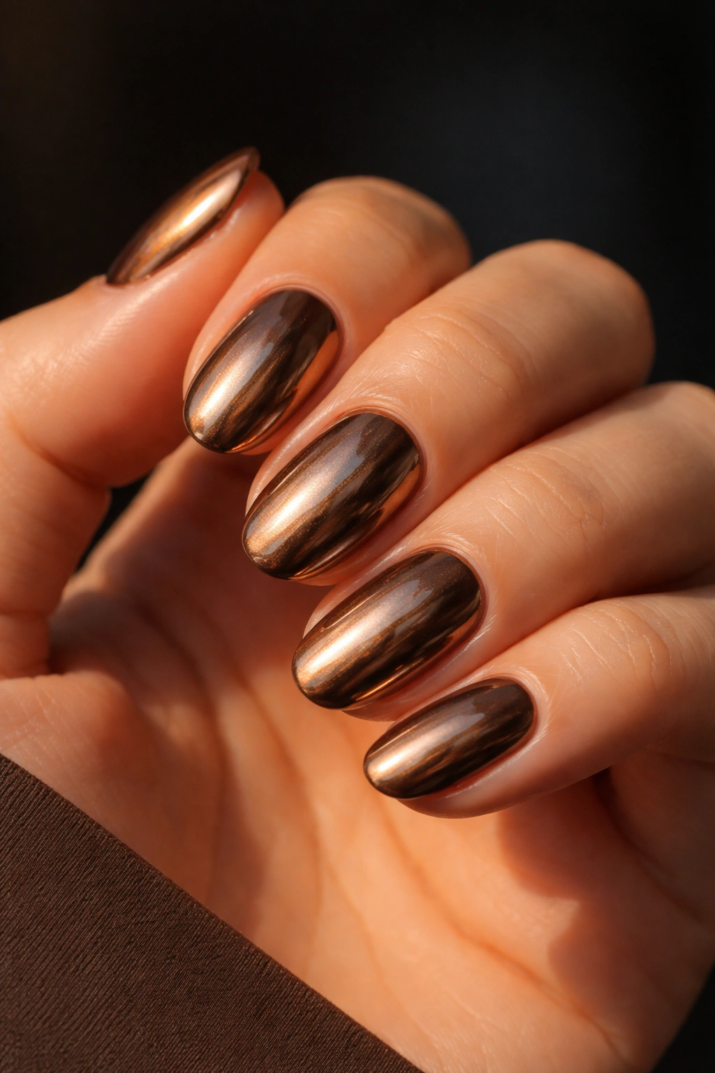 Close-up of short oval nails with bronze chrome on a brown-nude base