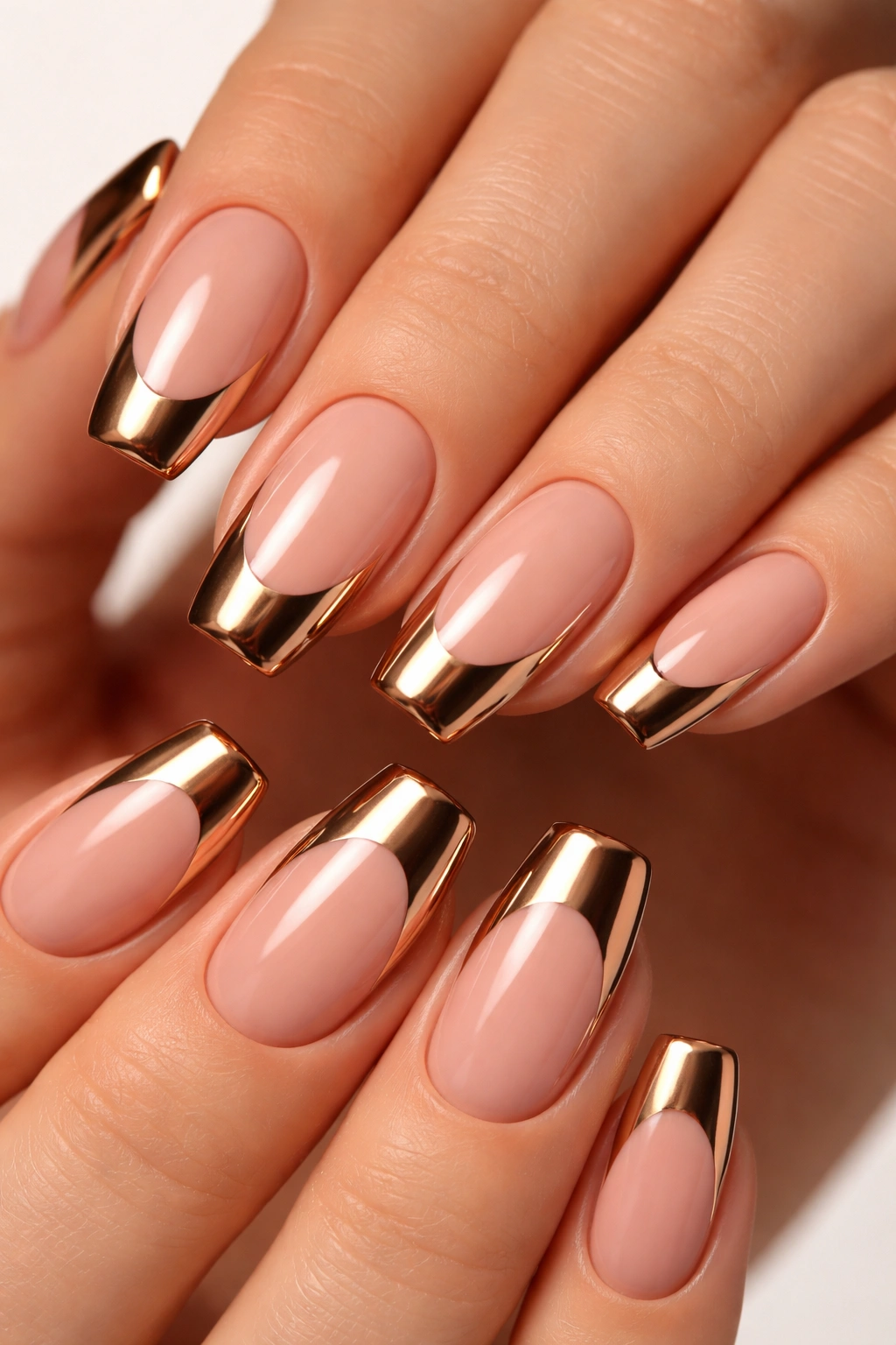 Close-up of Bronze French Tips nails with bronze chrome tips on nude base