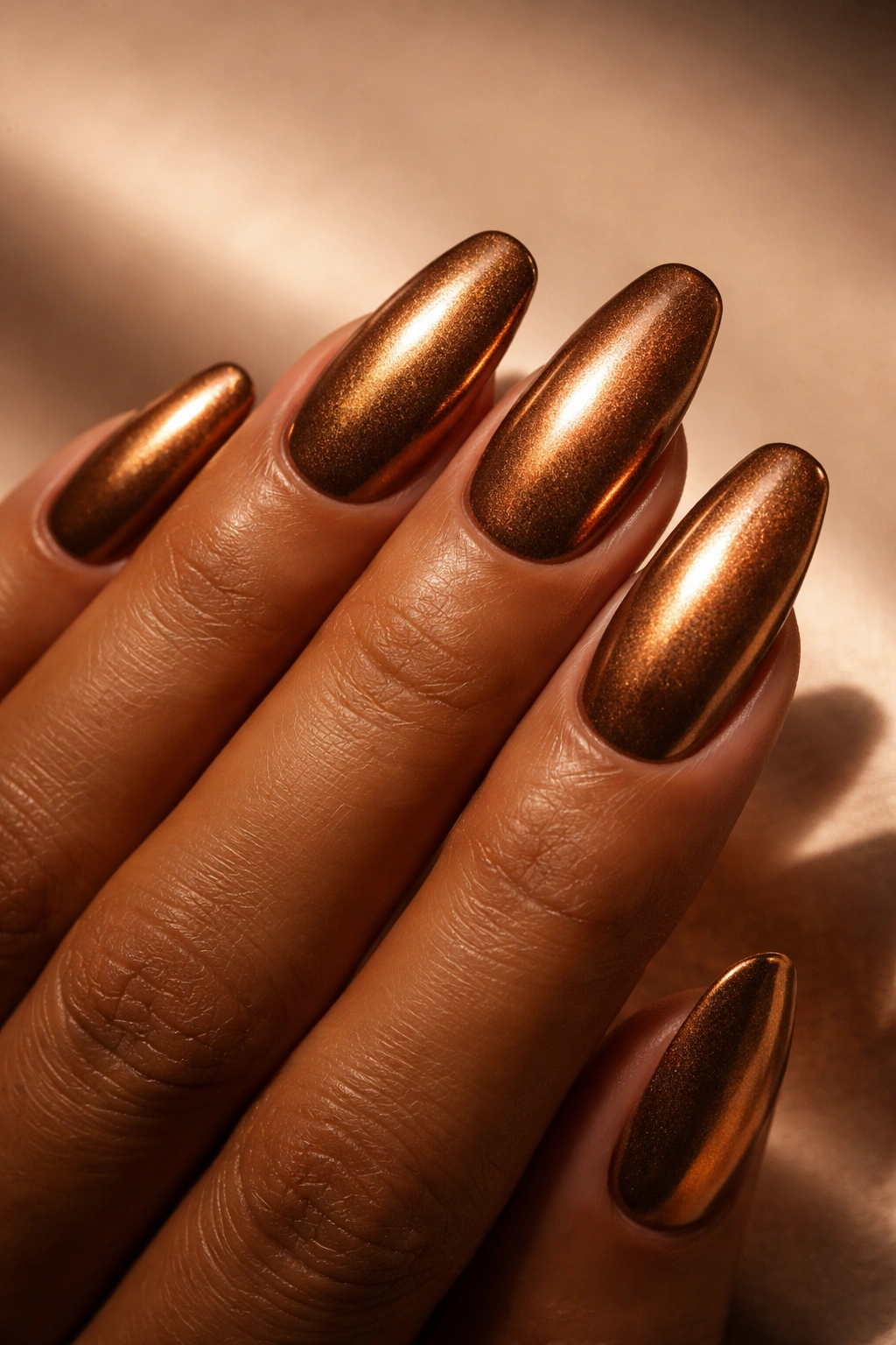 Close-up of bronze goddess metallic nails with warm reflections