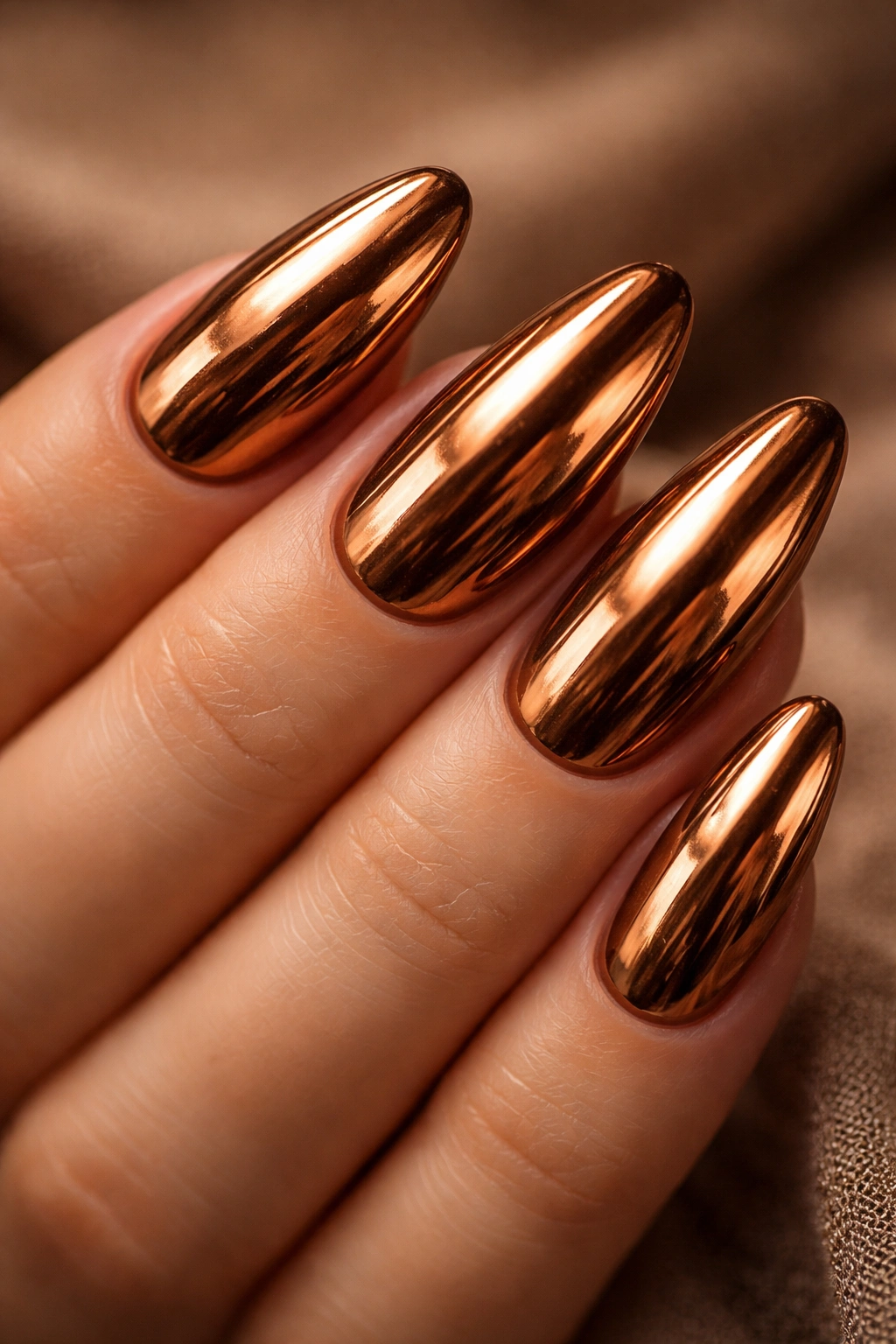 Close-up of bronze gold chrome nails with deep copper-brown tones