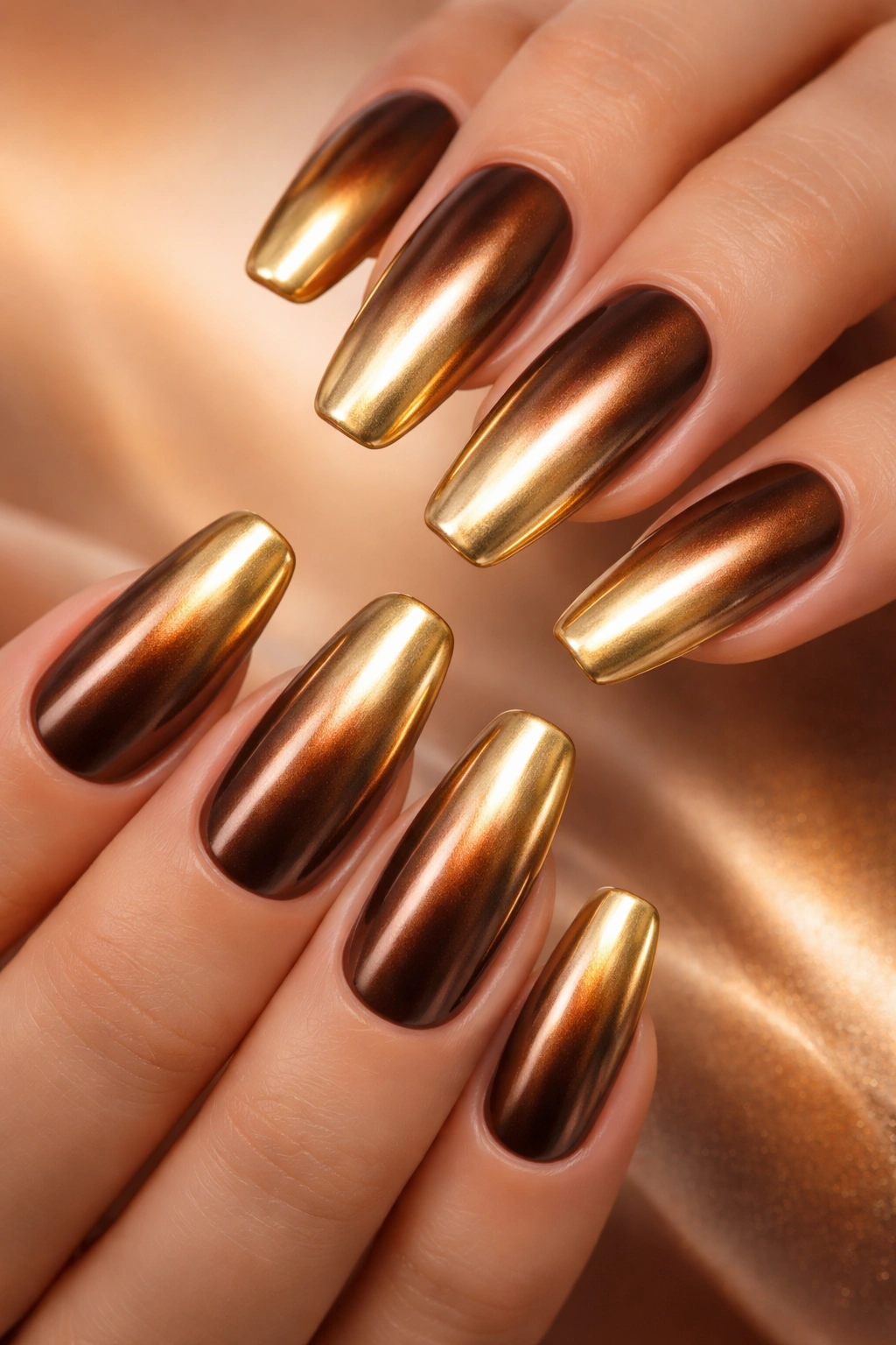 Close-up of Bronze to Gold Ombre nails showing bronze to gold gradient