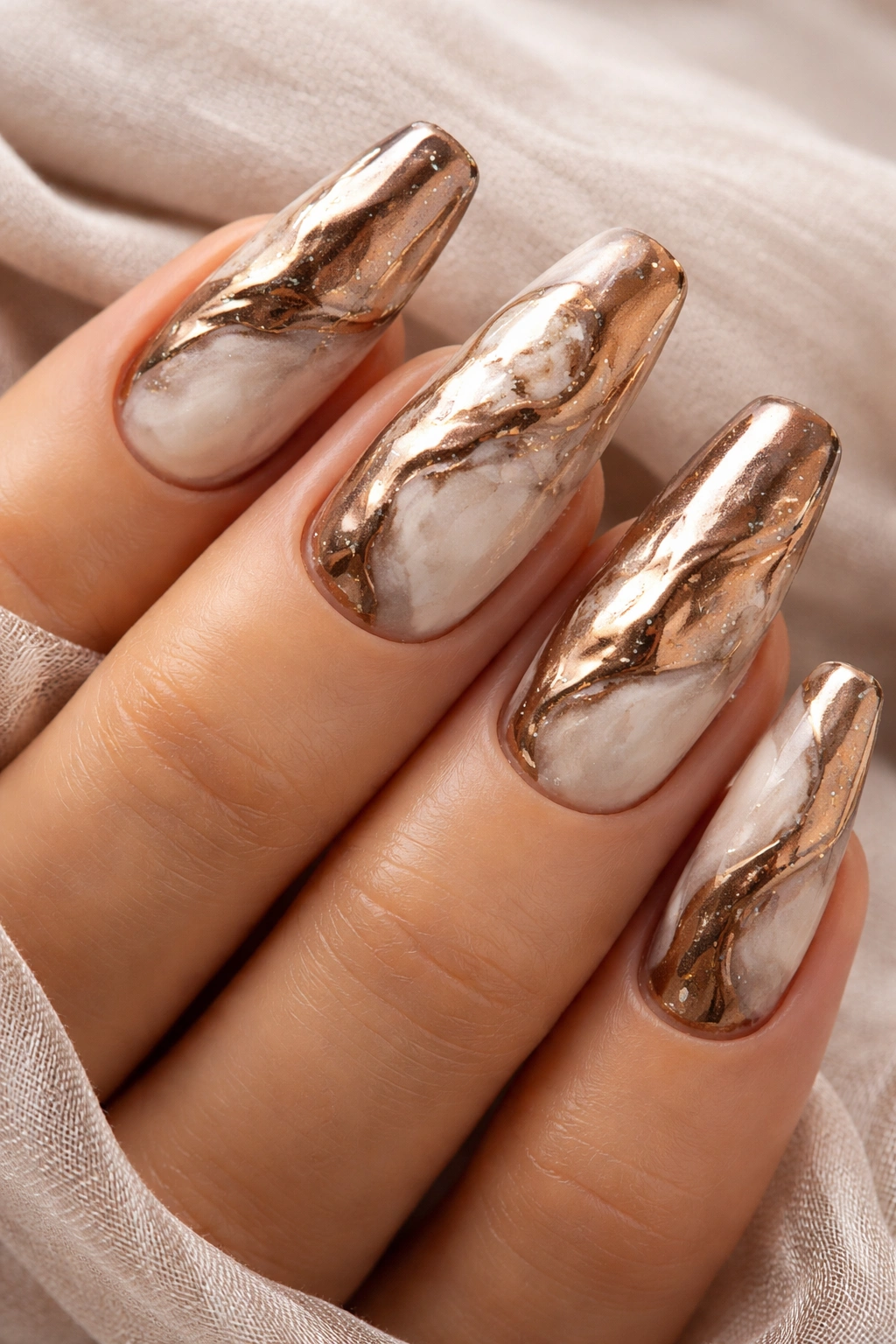 Bronze marble nails with irregular bronze veining