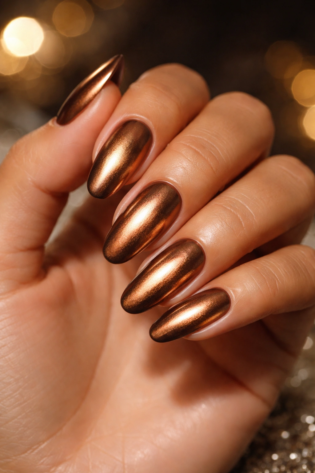 Close-up of an olive-skinned hand with bronze metallic nails and a reflective finish.