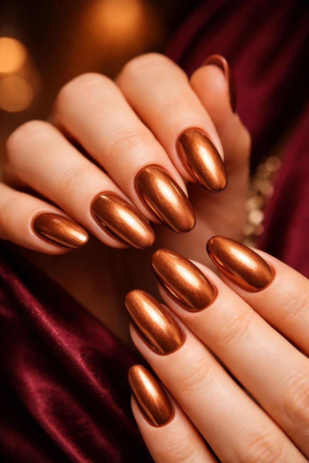 Close-up of bronze metallic nails with warm undertones