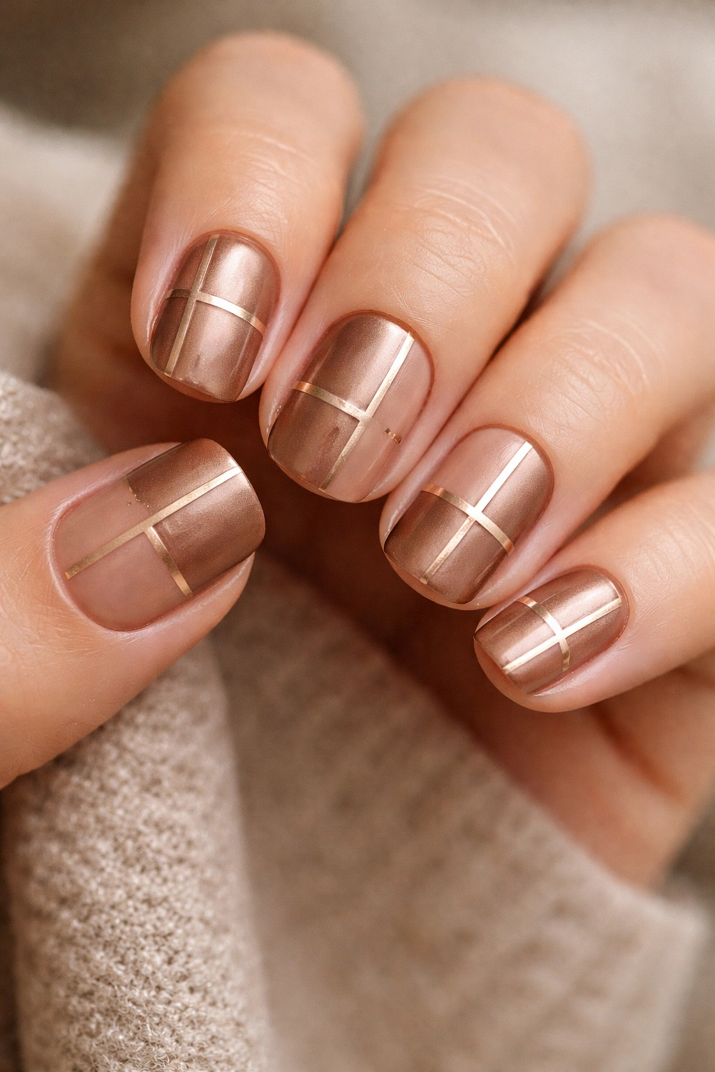 Close-up of bronze nails with linear negative-space designs on squoval nails