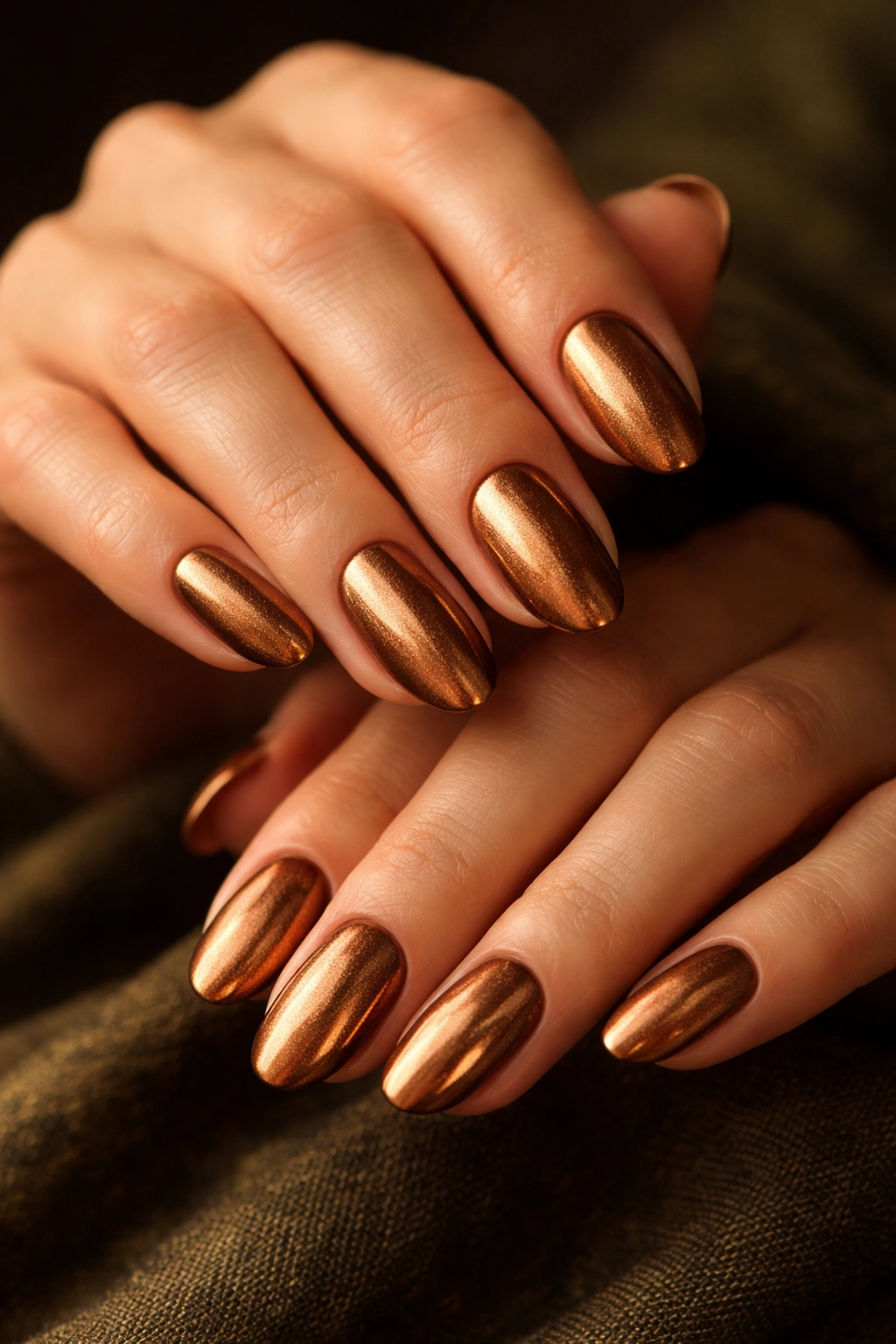 Close-up of bronze metallic nails under warm light