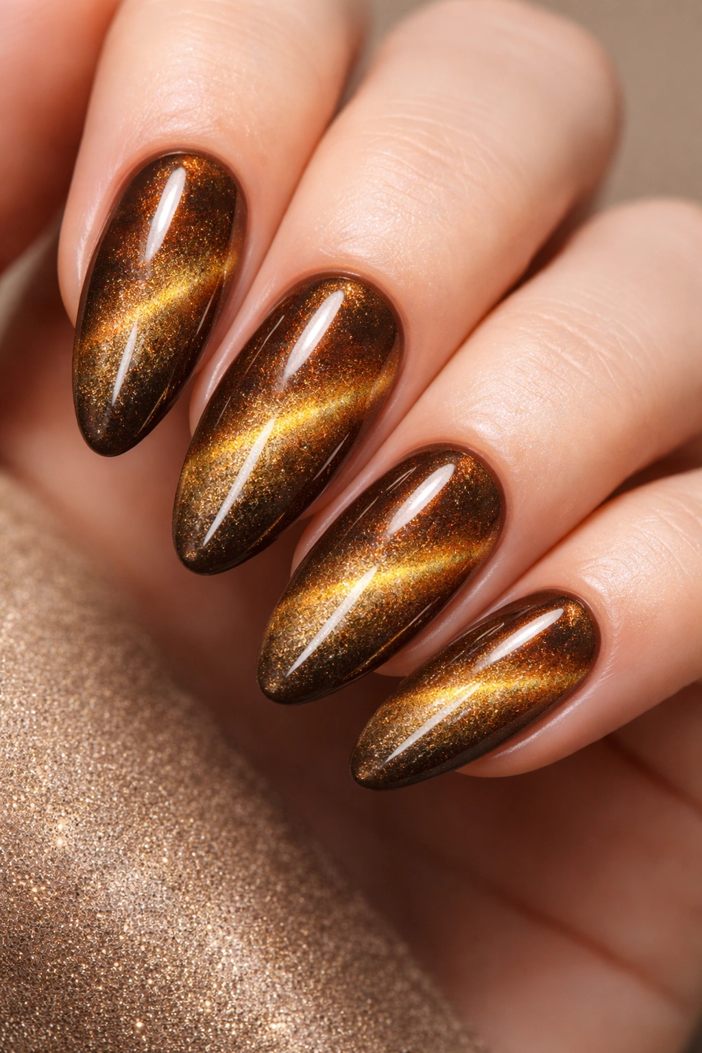 Bronze to gold ombré cat eye nails with gradient and shimmering movement.