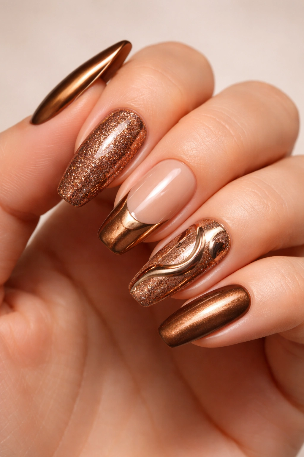 Skittle manicure with bronze designs on each nail