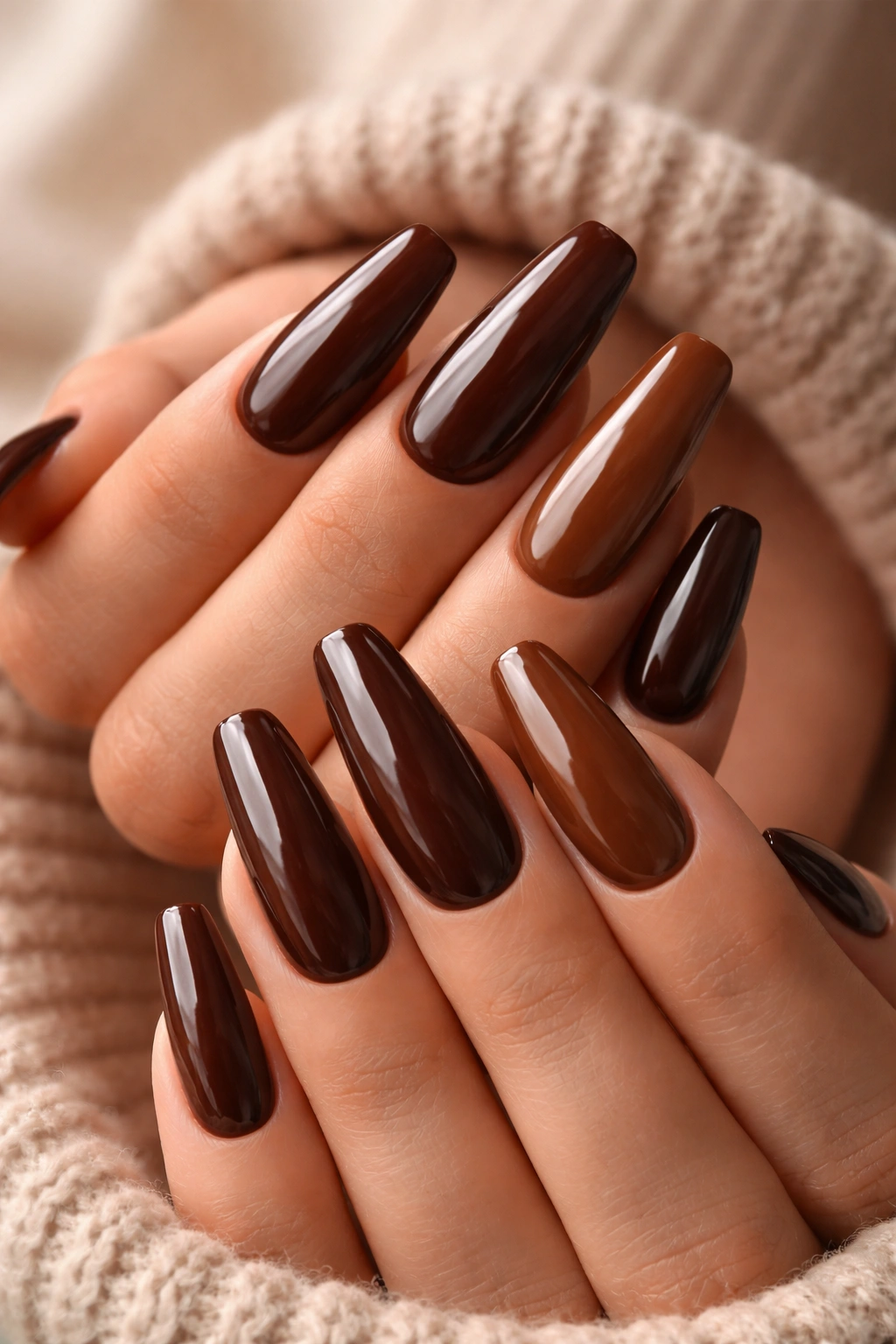 Close-up of hands with glossy brown acrylic nails in a neutral studio setting