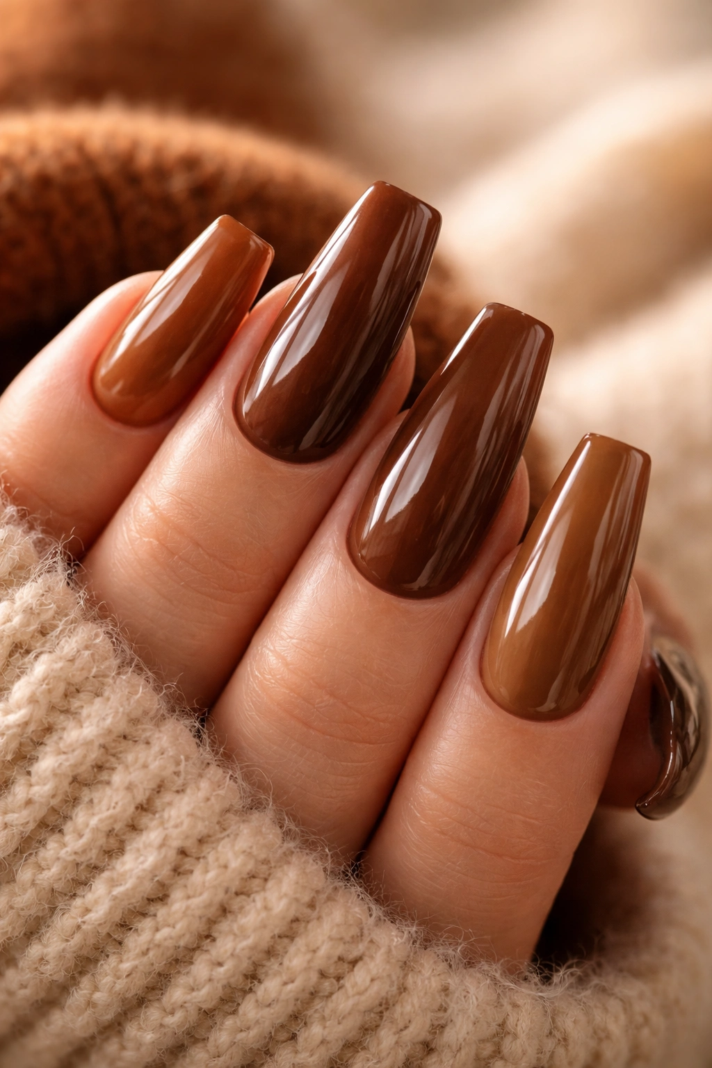 Close-up of glossy brown acrylic nails on a hand