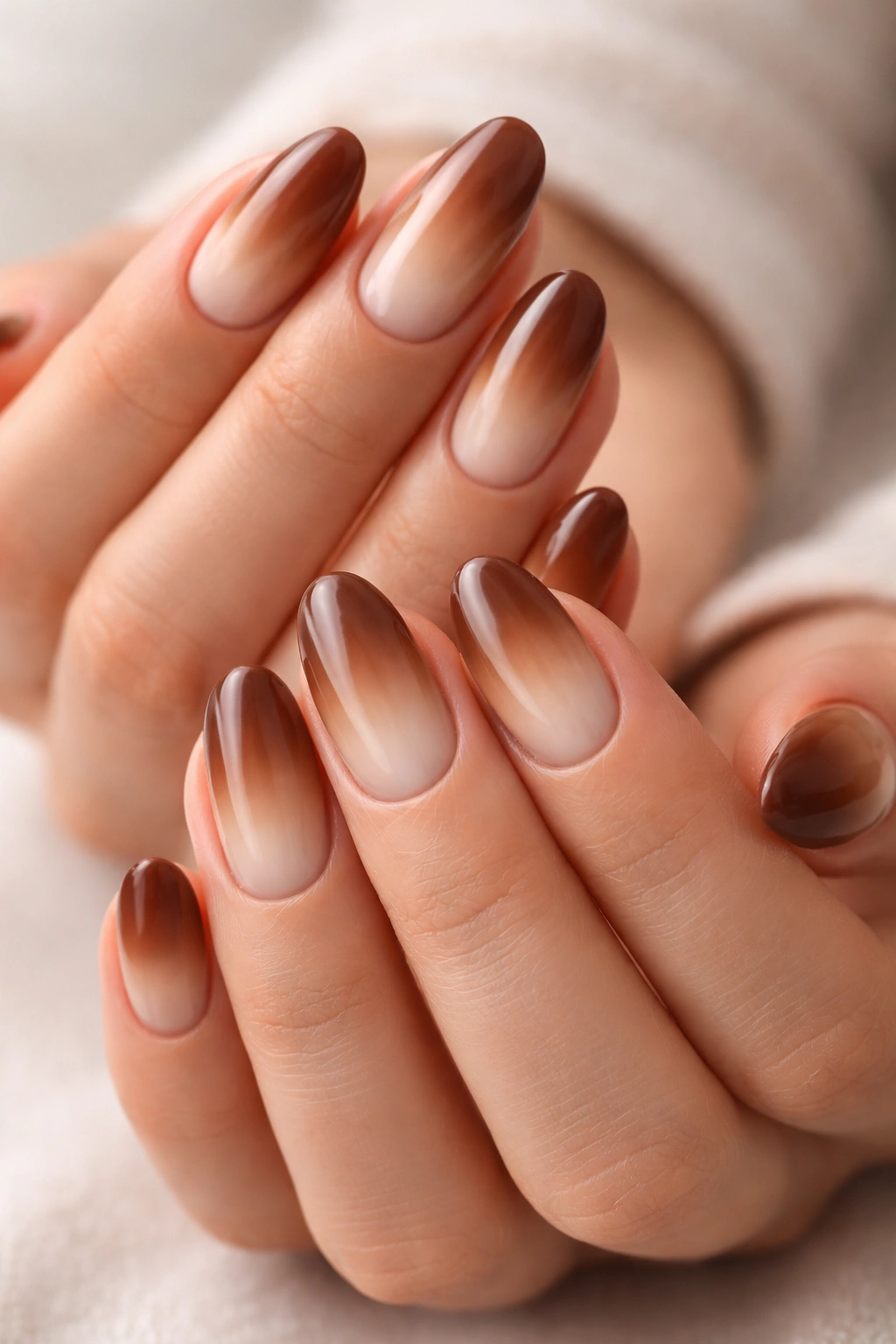 Close-up of brown aura nails with soft latte to espresso gradient.
