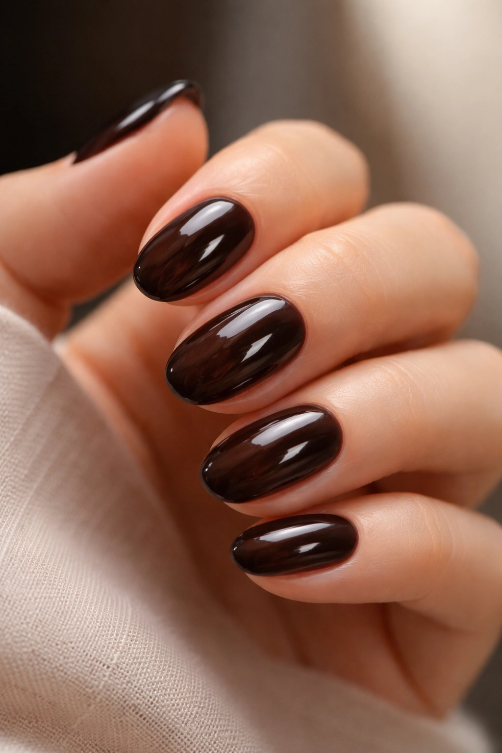 Brown-black jelly nails on short oval shape with translucent glassy look