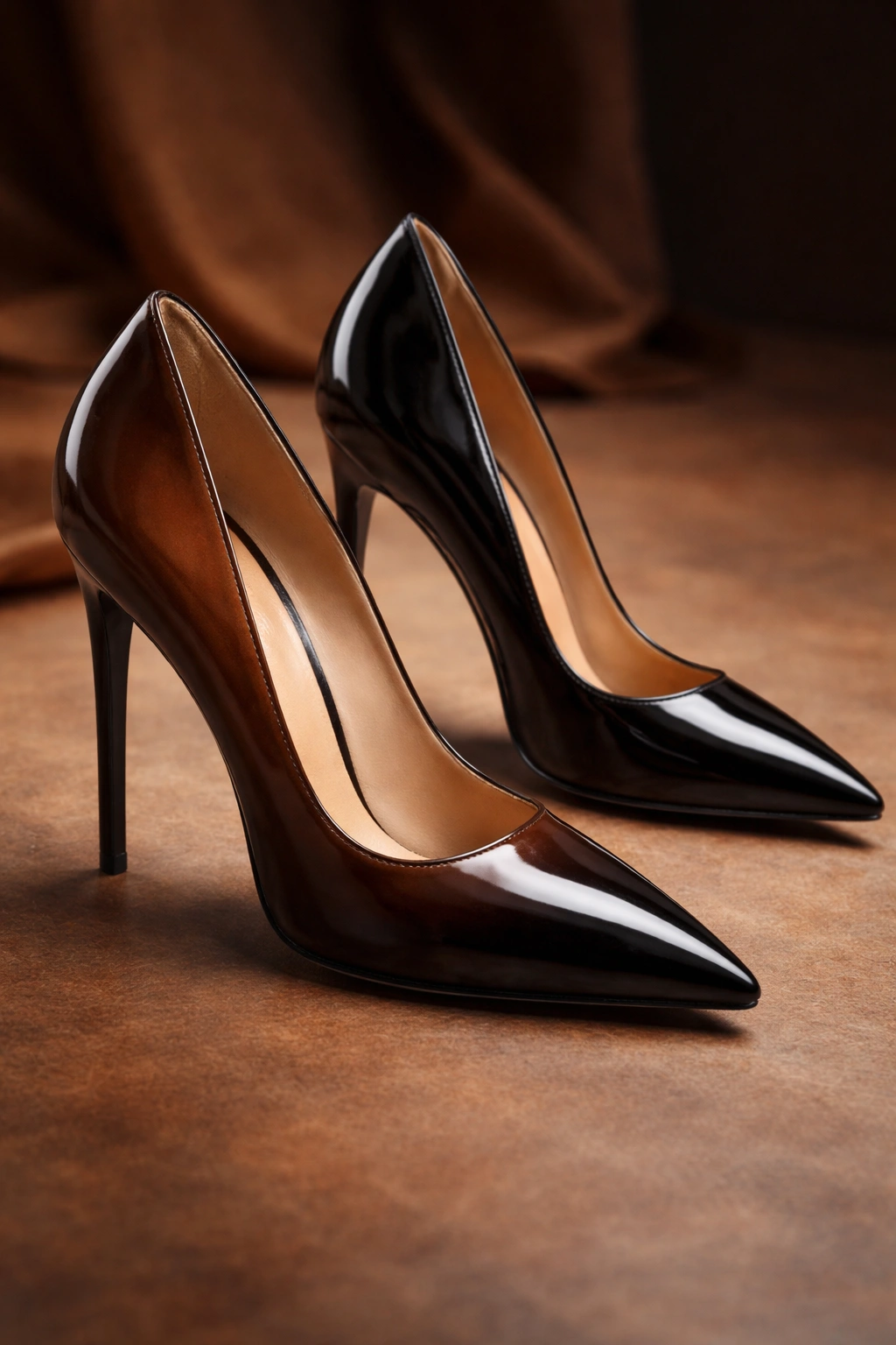 Close-up brown-to-black ombre stiletto heel with warm brown fading to black