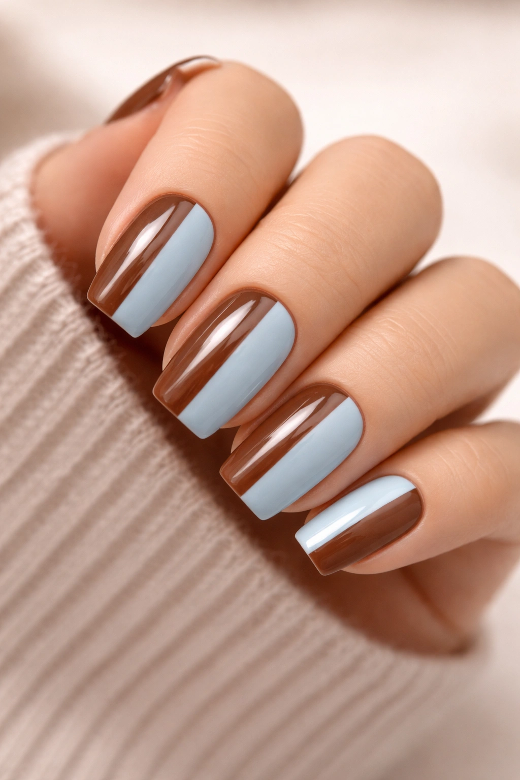 Nails with brown and baby blue color blocks in a split design