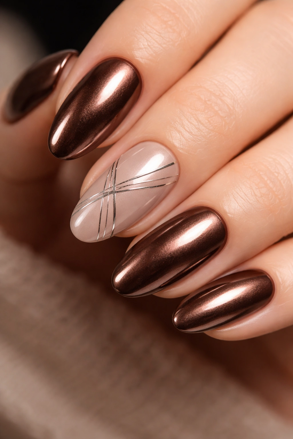 Close-up of brown chrome nails with a single accent nail on nude base, glossy reflective finish.