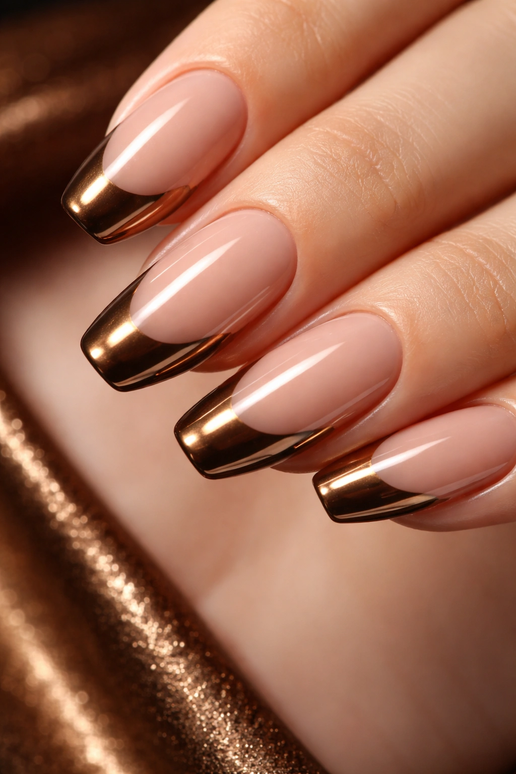 Close-up of nails with brown chrome French tips on nude base