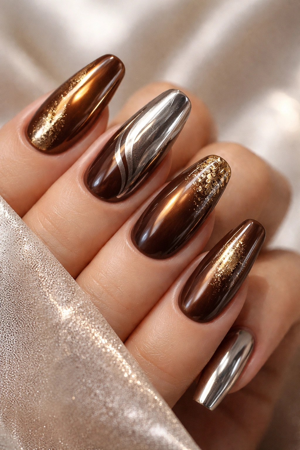 Nails with brown chrome base and mixed metallic accents in gold, silver, and bronze on multiple nails.