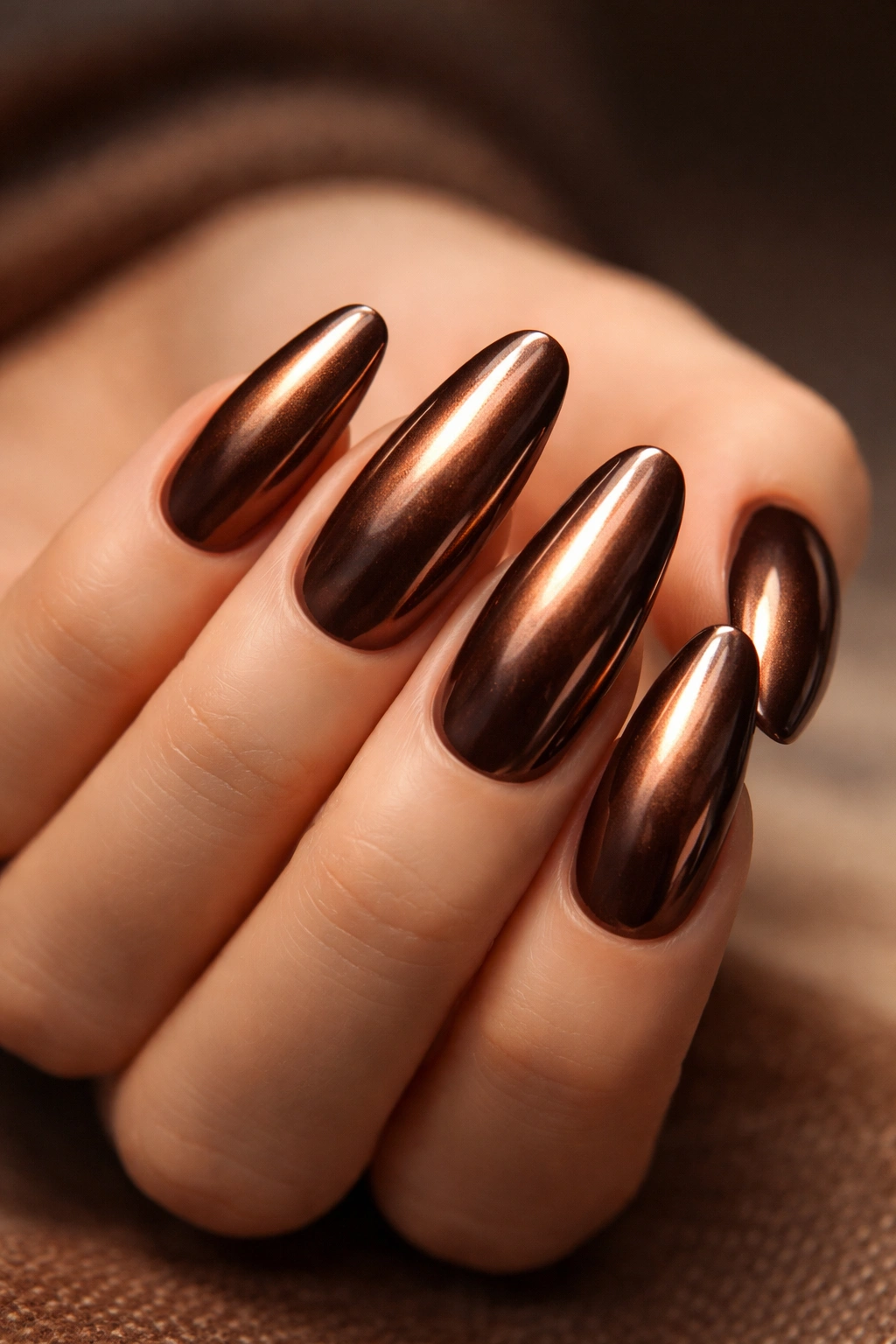 Nails with chocolate brown base and chrome bronze mirror finish