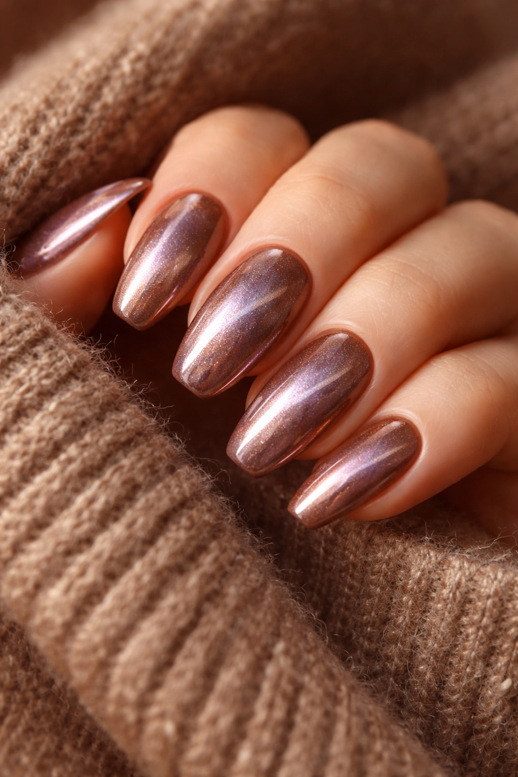 Close-up of brown chrome nails with warm taupe base and reflective chrome finish