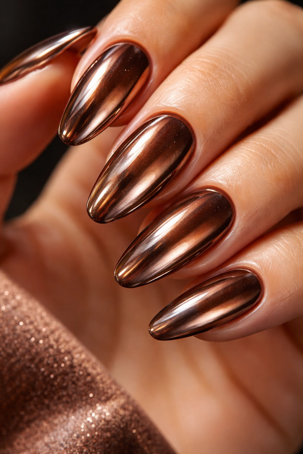 Close-up of brown chrome nails reflecting bronze and gunmetal tones