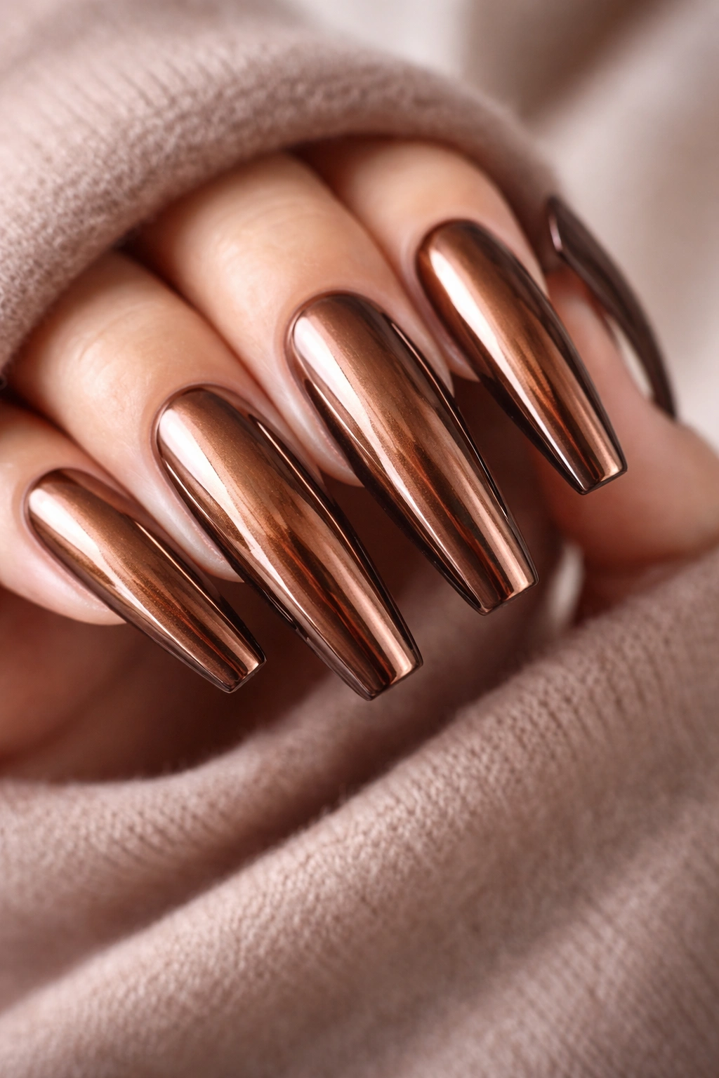 Close-up of long coffin nails with a brown chrome mirror finish reflecting light
