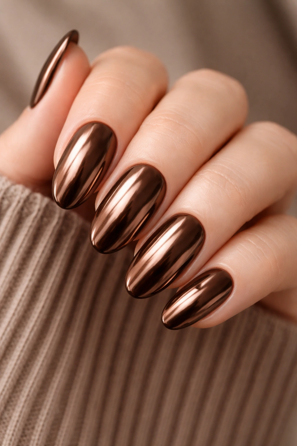 Close-up of a brown chrome manicure on a hand with a glossy reflective finish against a neutral background