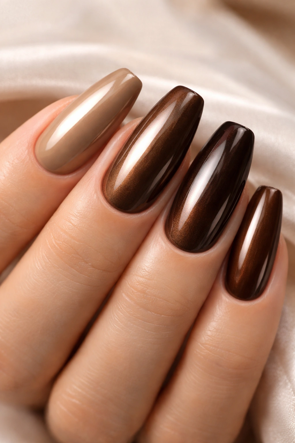 Close-up of brown chrome nails on fingertips showing warm tones and reflective finish