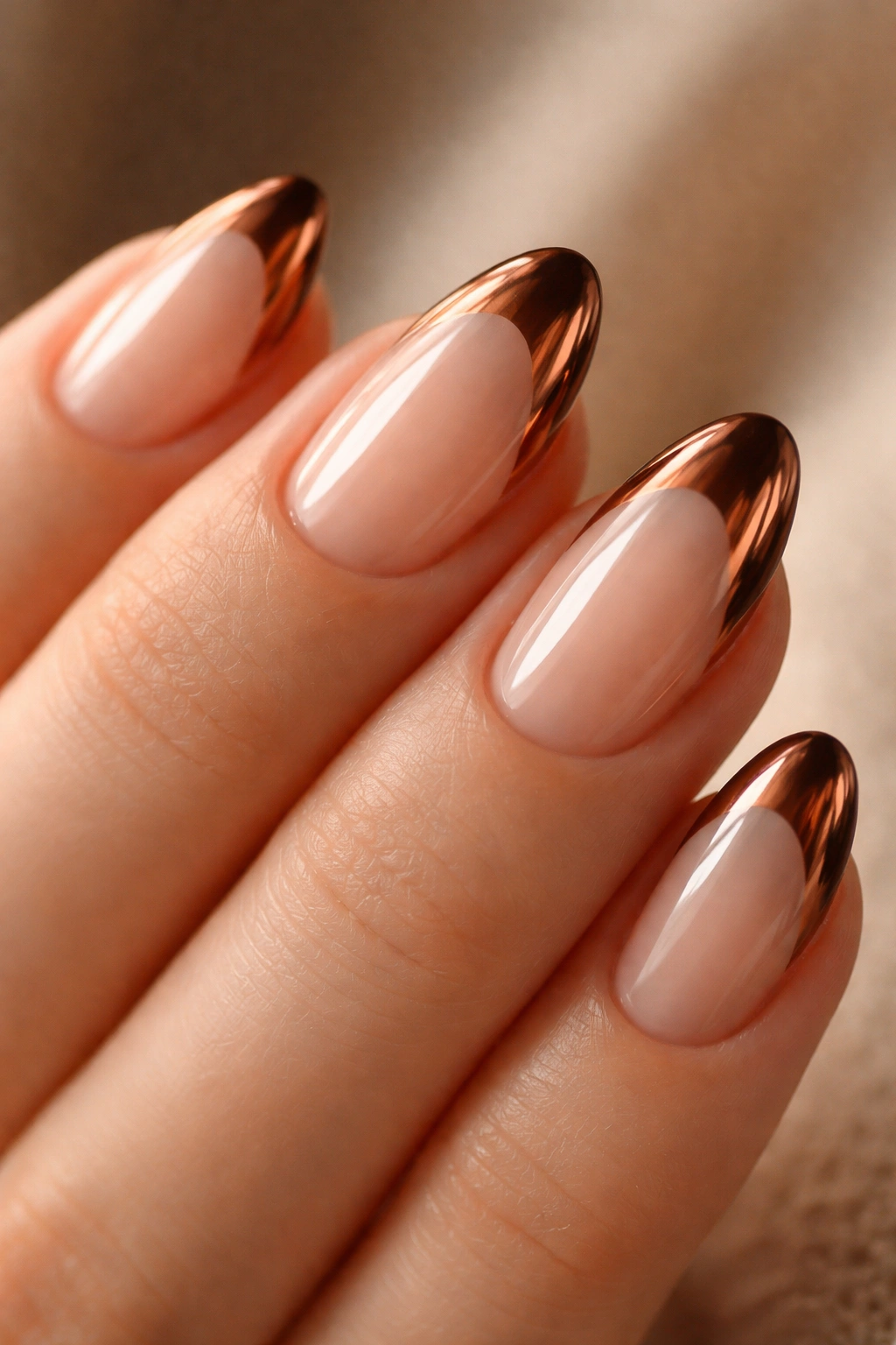 Close-up of short almond nails with brown chrome mirror tips reflecting light.