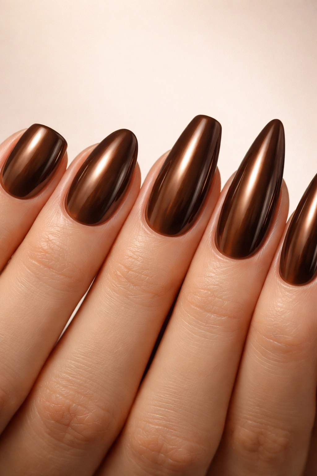Nails in brown chrome displaying multiple shapes: short square, almond, coffin, stiletto.