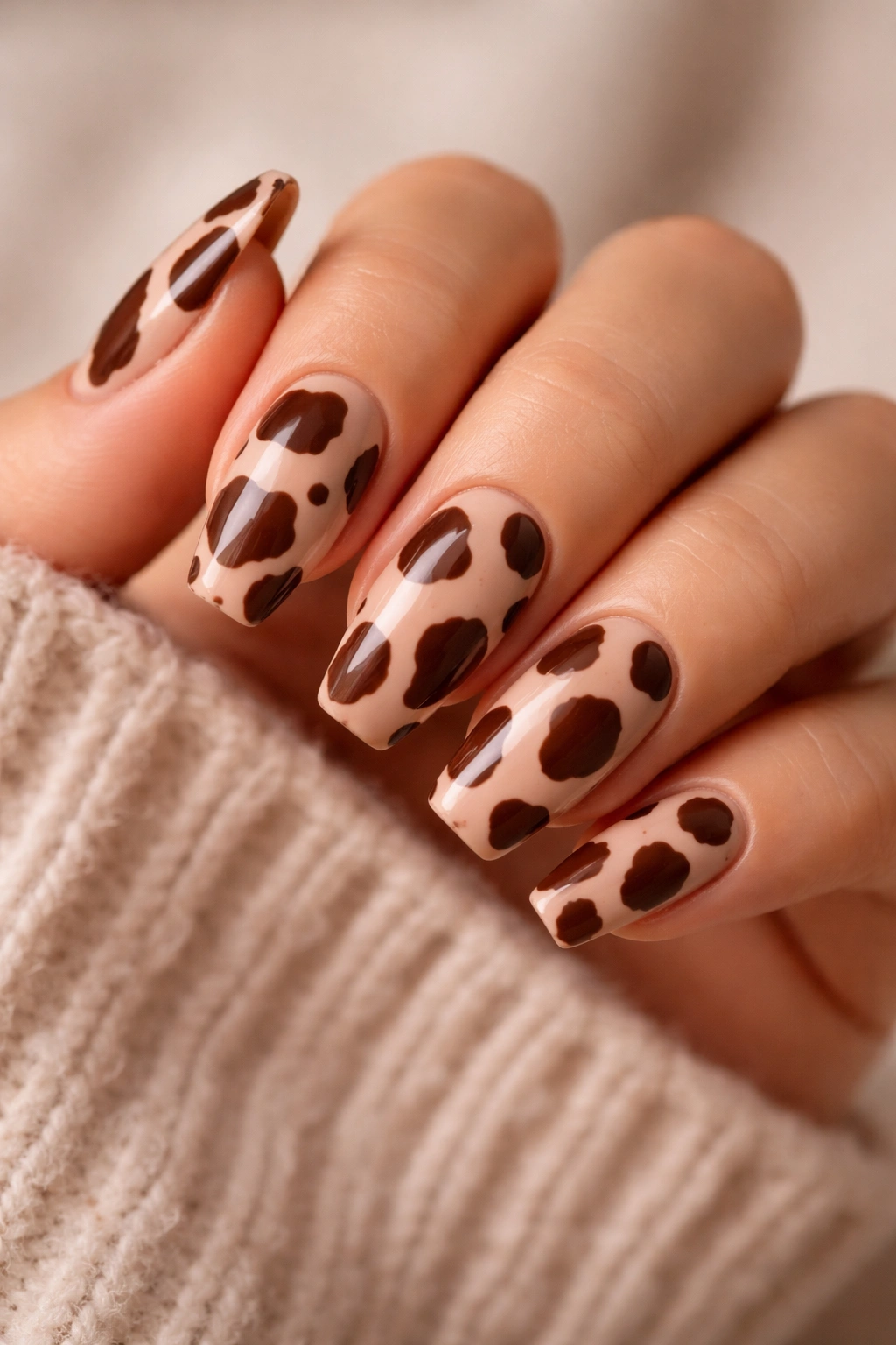 Nails with brown cow print on neutral base.