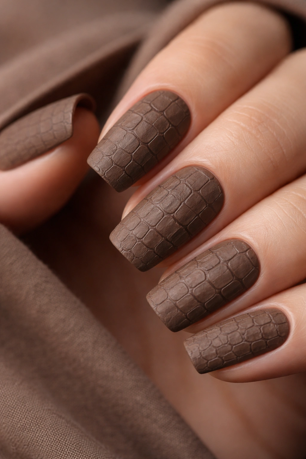 Monochrome matte brown crocodile nails with subtle scale outlines