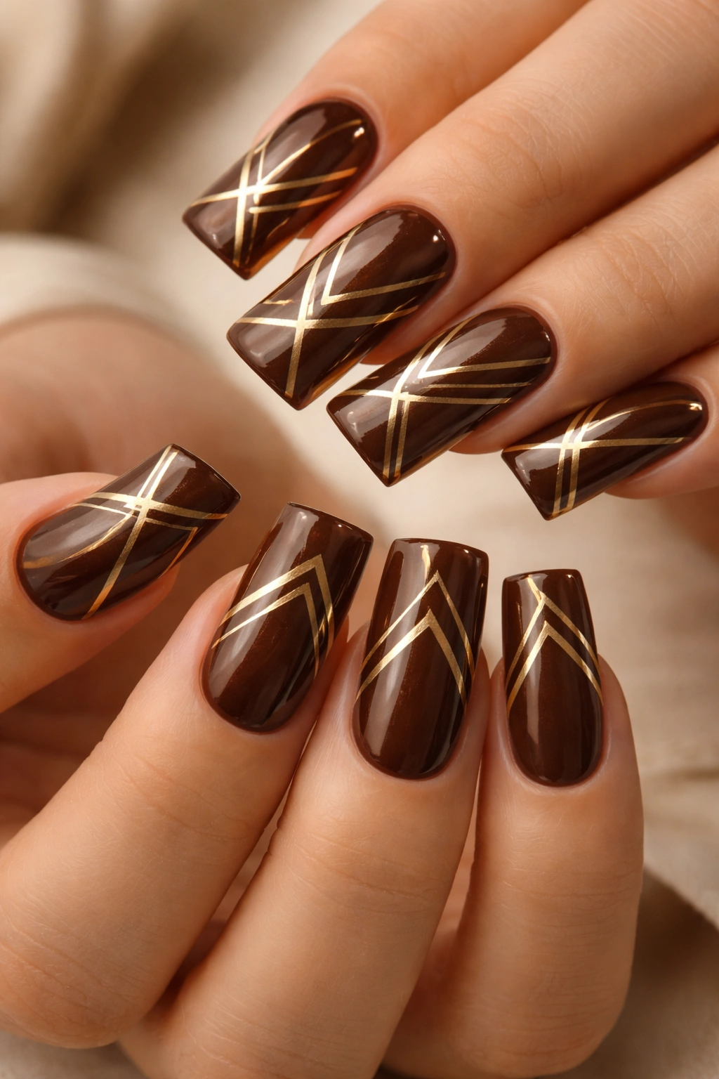 Close-up of brown and gold geometric duck nails