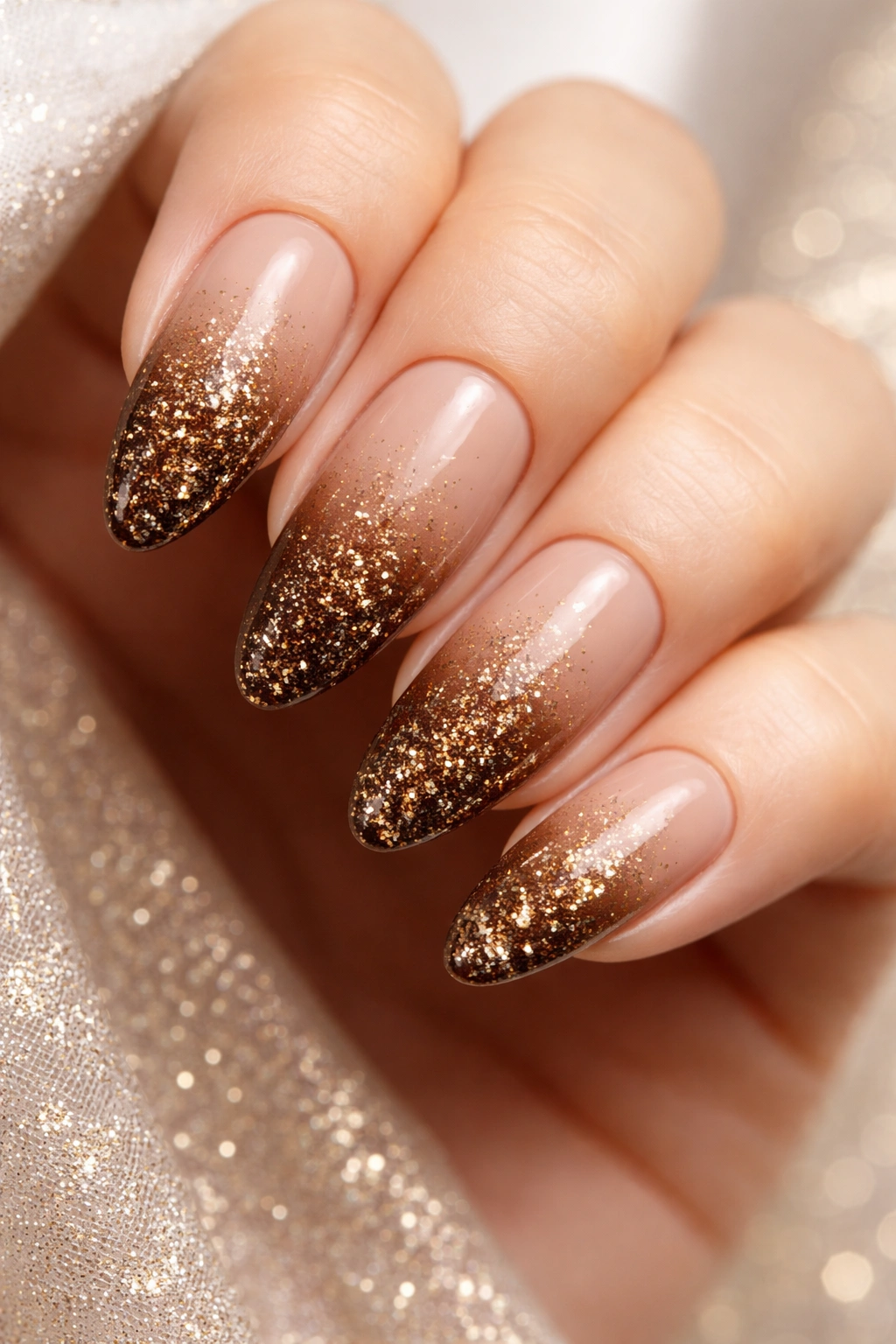 Brown ombre nails with gold glitter tips