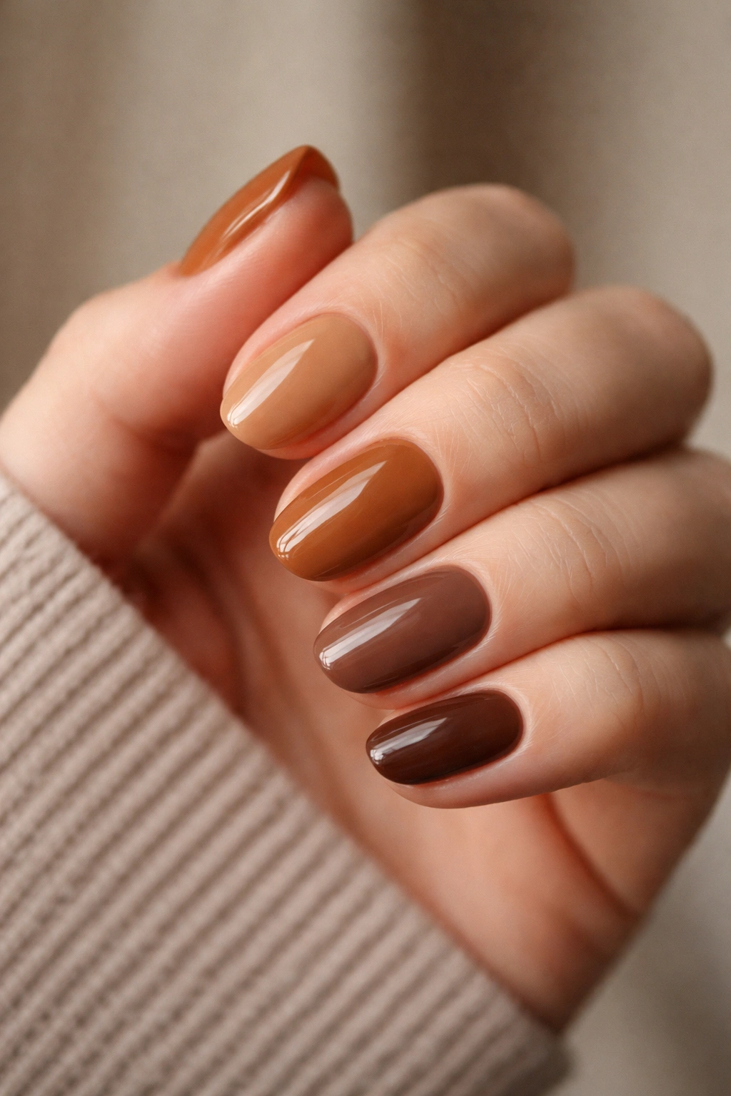 Short oval nails in a warm brown gradient from caramel to mocha