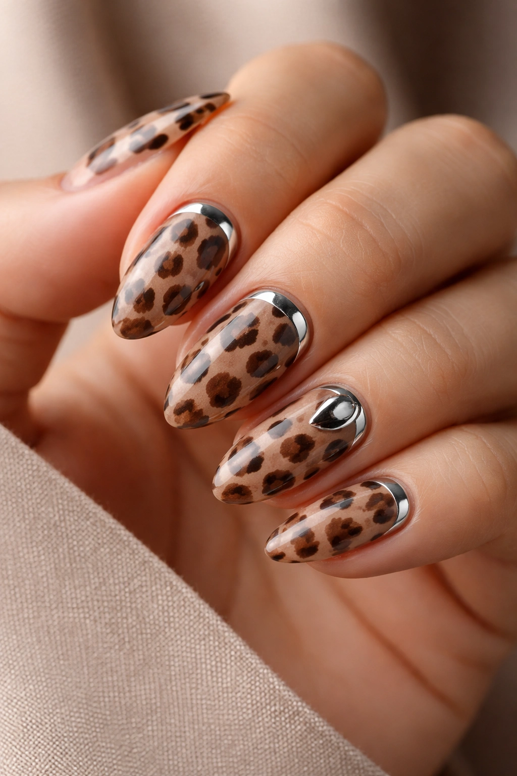 Short almond nails with brown leopard spots and chrome accents