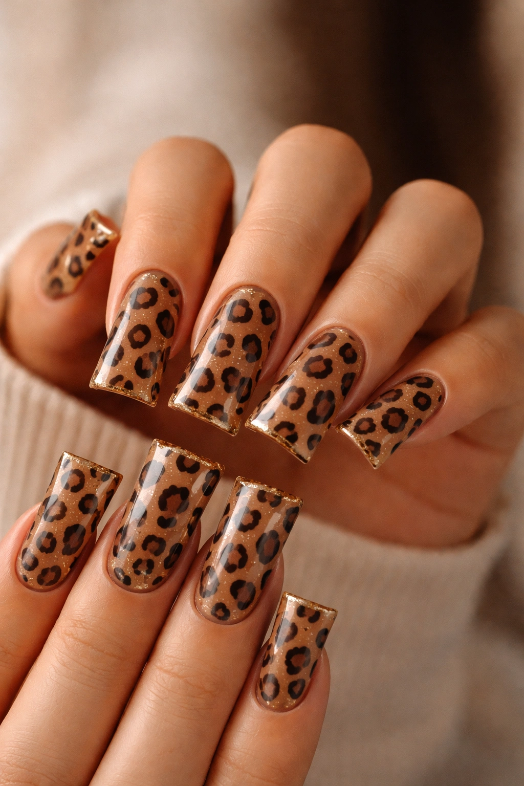 Close-up of brown leopard print duck nails