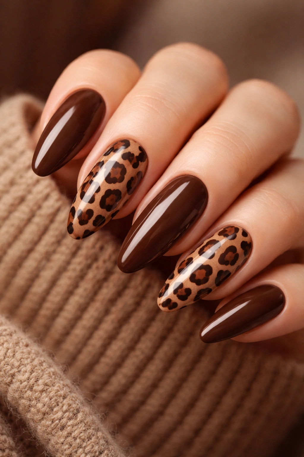 Nails with brown leopard print on accent nails.