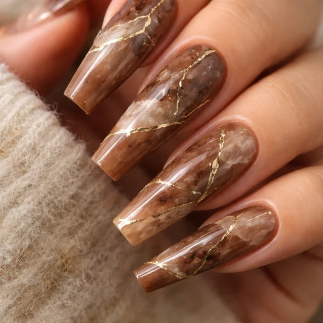 10 Brown Coffin Nail Designs for Long Nails