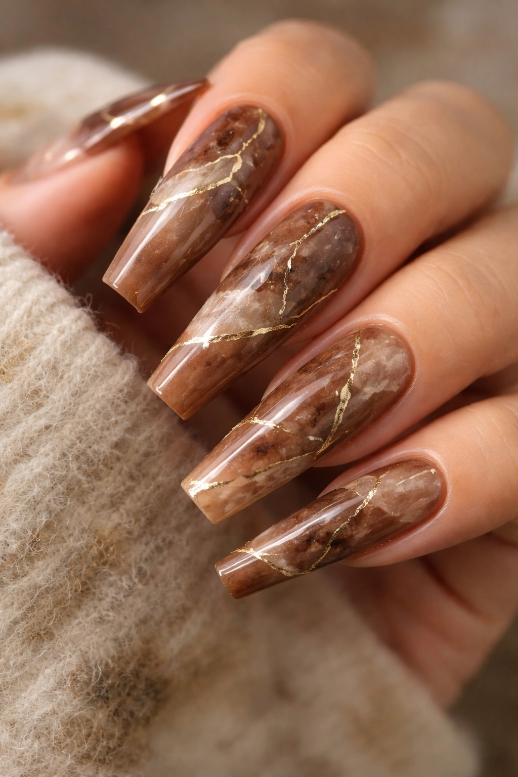 Close-up nails with brown marble veining and gold accents on coffin nails