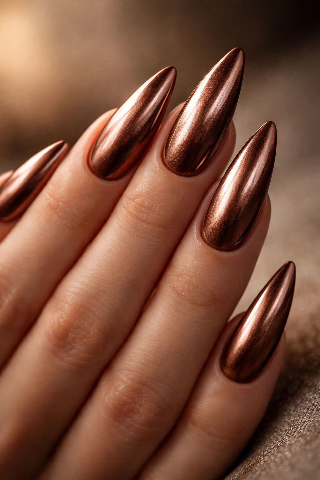 Close-up of warm brown metallic stiletto nails catching light on a hand.